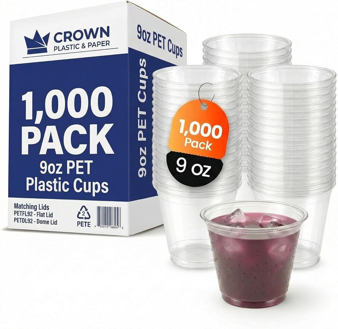 9oz PET Plastic Cold Drink Cups - Clear Disposable Cups for Iced Coffee, Smoothies & Cocktails- Durable Water Cups with Crack-Resistant Design for Cafes, Food Trucks, Events & More- 1000 Pack, 9oz Cups 92mm - Pack of 1000 (EXP 02/28/29)