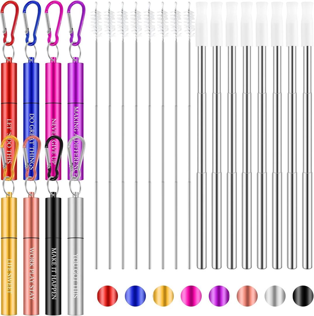 Zubebe 8 Pcs Reusable Collapsible Travel Straw Portable Reusable Stainless Steel Drinking Foldable Cruise Straw with with Silicone Tip, Cleaning Brushes and Keychain for Travel Work(Stylish Style)
