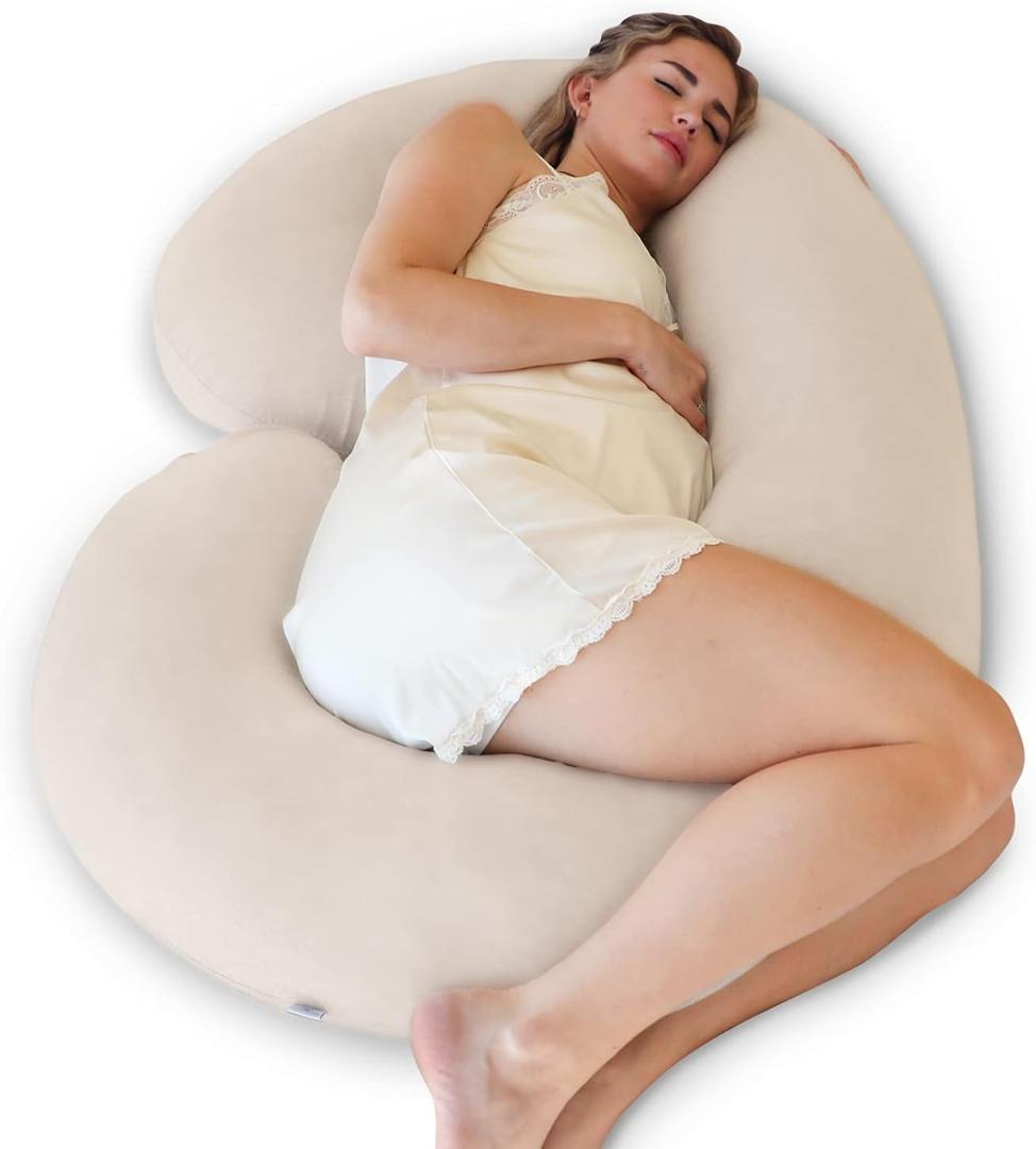 Pharmedoc Pregnancy Pillows, C-Shape Full Body Pillow  Jersey Cover Beige  Pregnancy Pillows for Sleeping  Body Pillows for Adults, Maternity Pillow and Pregnancy Must Haves, New Mom Gifts