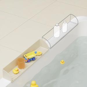 Roslim Splash Guard for Bathtub & Sink - Silicone Kids Bath Splash Guard Shelf, Bath Toy Tray Holder, Tub Water Splash Guard with 4 Suction Cups, Bathroom Accessories for Baby Bath, 2Pack, Beige
