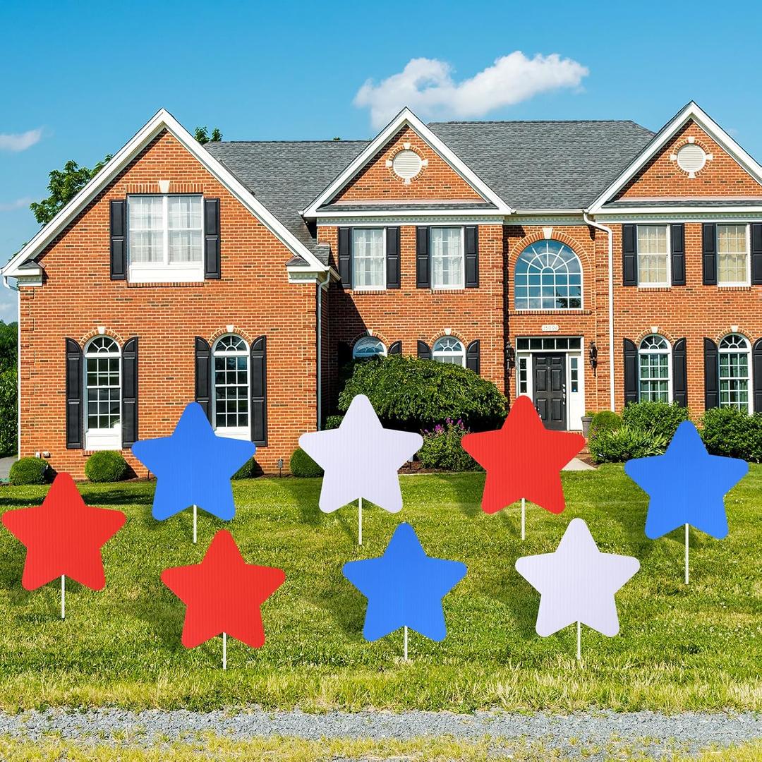 Geelin 12 Pack 4th of July Yard Sign Patriotic Stars Yard Sign with Stakes Red White and Blue Stars Decoration Independence Day Star Decoration with Stick for Lawn and Garden Outdoor