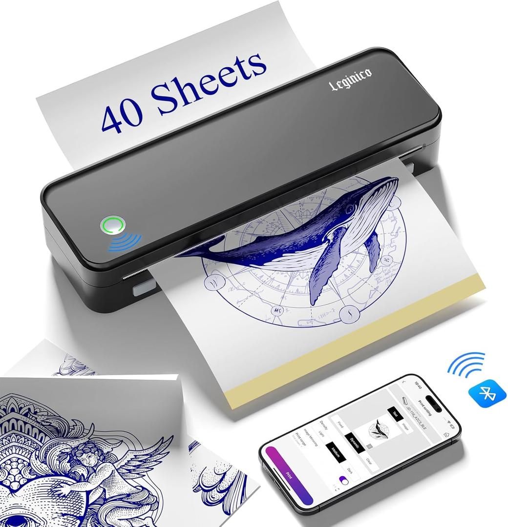 Tattoo Stencil Printer with 40pcs Transfer Paper, Bluetooth Thermal Tattoo Printer Machine for Beginners & Artists, Compatible with Android & iOS, PC