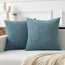 Kevin Textile Throw Pillow Covers Soft Corduroy Decorative Set of 2 Boho Striped Pillow Covers Pillowcases Farmhouse Home Decor for Couch Bed Sofa Living Room 16x16 Inch Blue Grey