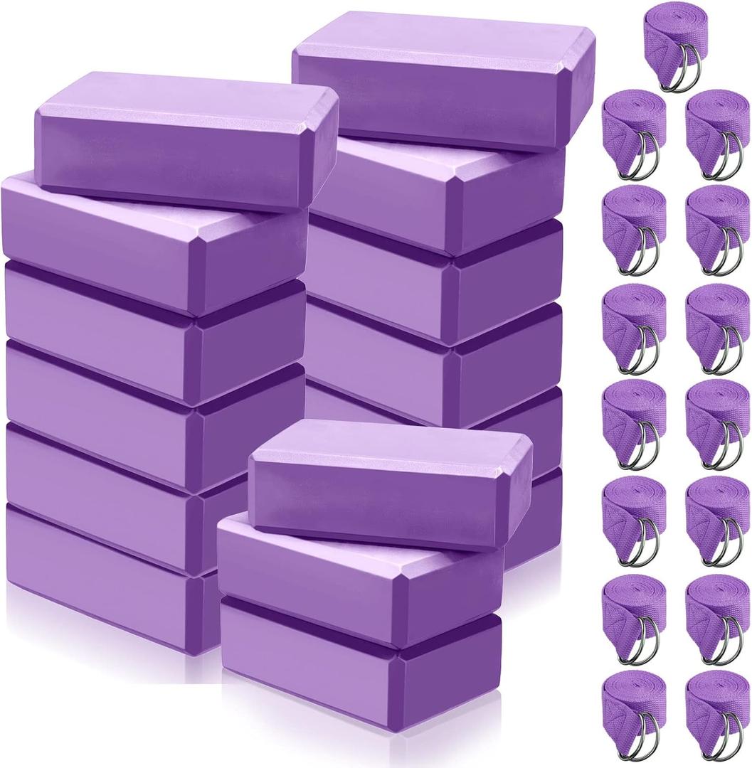 Wettarn 30 Pack Yoga Block and Strap Set 15 Pcs Non-Slip Yoga Blocks with 15 Pcs Metal D Ring Stretching Exercise Workout Fitness Accessory for Gym