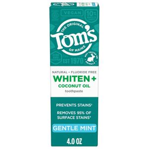 Tom's of Maine Whiten Plus Coconut Oil Fluoride Free Toothpaste, Natural Whitening Toothpaste with Coconut Oil and Plant-Based Cleansers, Whitens Without Causing Sensitivity, Gentle Mint, 4.0 Oz