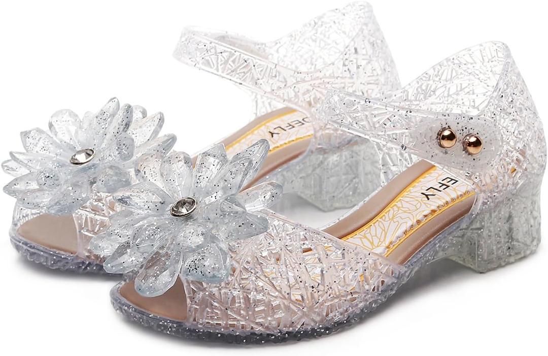 Flower Pairing Girls Princess Jelly Flats - Sparkly Dress Up Sandals for Cosplay & Parties | Lightweight Ballet Heels for Kids, 1.5 Little Kid
