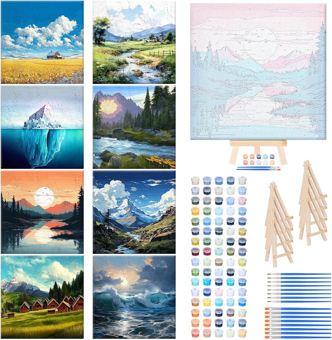 RoundFunny 8 Set Paint by Numbers Kit for Adults with 8x8 Inch Mini Simple Painting Canvas Wooden Frame Easel Acrylic Paints Brushes Funny Numbers Drawing Kit for Gift Home Wall Decor(Landscapes)