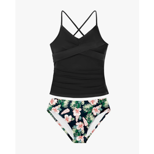 Girls Swimsuit Tankini Criss Cross Ruched 2 Piece Bathing Suit Printed Girl Swimwear for Teens 15-16Y