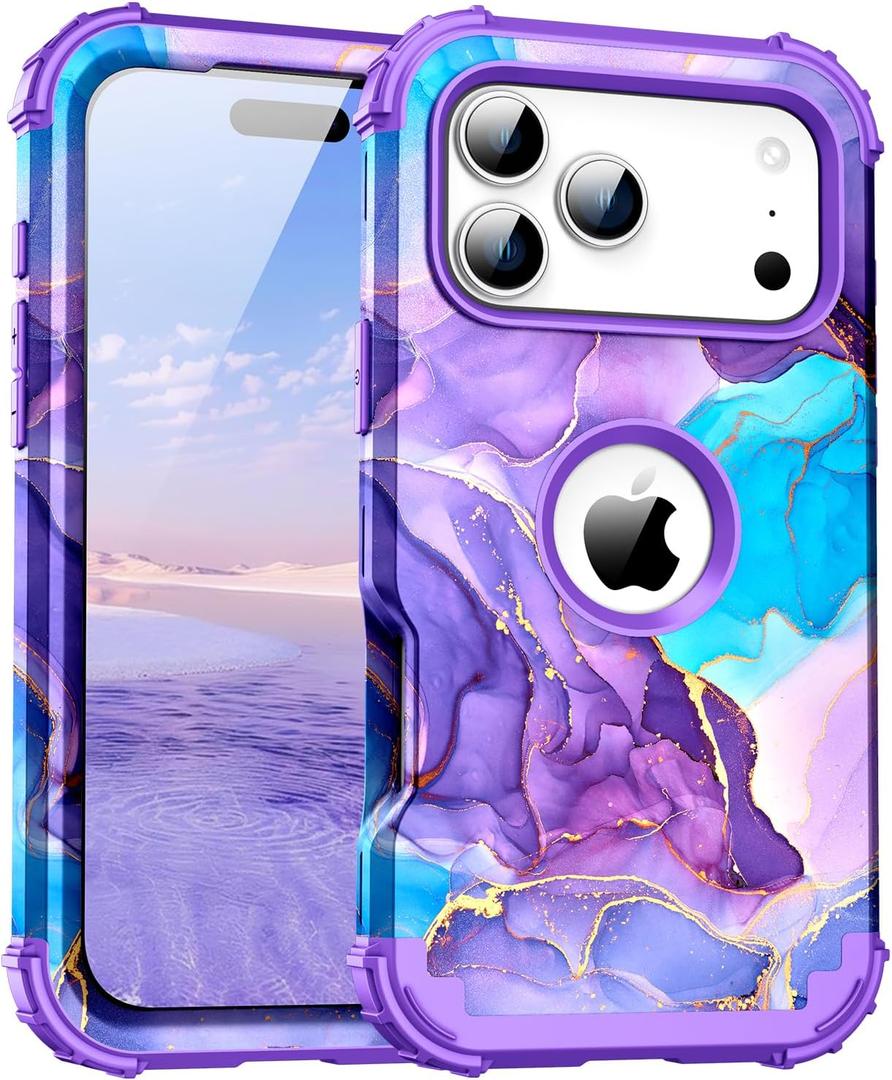 for iPhone 17 Pro Max Case,Three Layer Heavy Duty Shockproof Hybrid Hard Plastic Bumper Soft Silicone Rubber Drop Protective Cover Case for iPhone 17 Pro Max 6.9", Purple/Blue