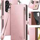 XcaseBar for Samsung Galaxy S24 5G Wallet case with Zipper Credit Card Holder RFID Blocking, Flip Folio Book PU Leather Shockproof Protective Cover Women Men for Samsung S24 Phone case, Rose Gold