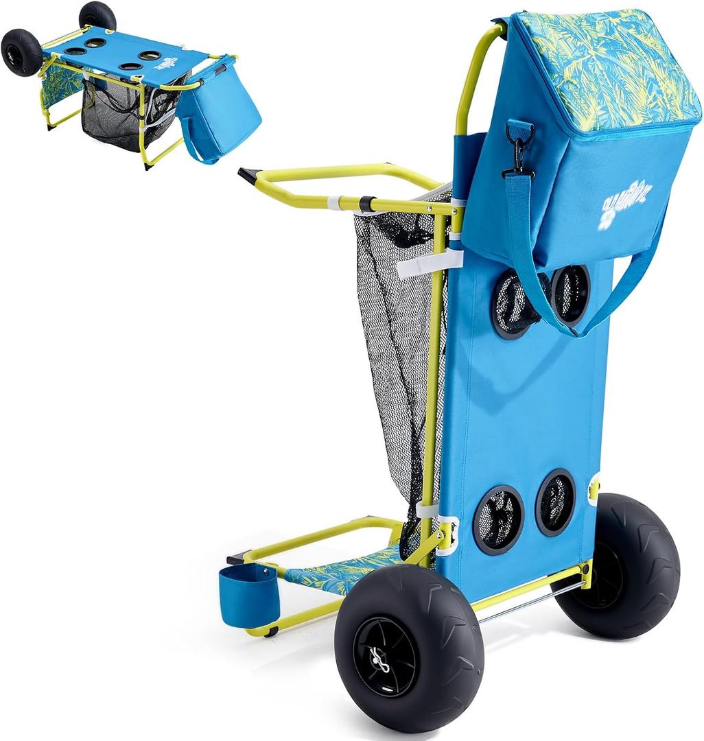 2-in-1 Beach Cart with Big Balloon Wheels for Sand, Folding Utility Wagon with Chair Holder, Cooler Bag, Mesh Storage, 4 Cup Holders, Umbrella Rack, Supports 100 lbs, Ideal for Beach, Camping, Picnic