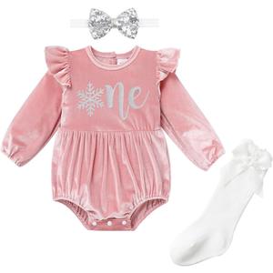 IMEKIS Baby Girls Winter Snowflake 1st Birthday Outfit Velvet Romper + Headband + Socks Christmas Cake Smash Photo Shoot (Pink)