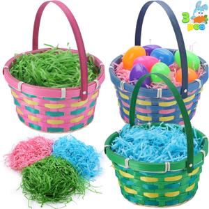 JOYIN 3 Pcs Easter Bamboo Baskets Woven Goodie Empty Gift Basket with Handle and Grass Paper Shreds for Easter Egg Hunt, Kids Party Supplies, Filling with Candy & Party Favors(7.7"X8.5")