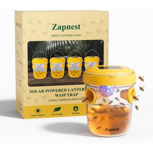 4 Pack Zapnest Solar Wasp Trap Outdoor Hanging Reusable Yellow Jacket, Hornet, Bee & Mud Dauber Catcher Bright Yellow Bug Repellent for Garden, Patio & Yard
