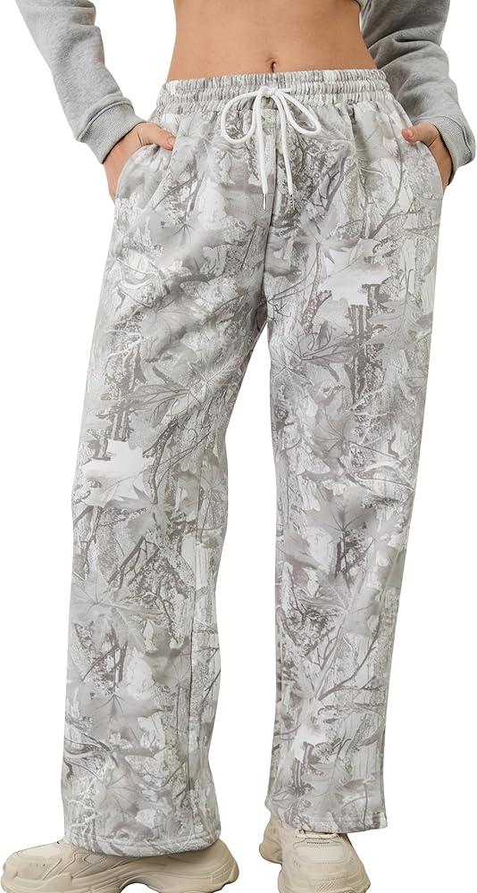 Camo Pants for Women Wide Leg High Waist Drawstring Camo Sweatpants Fleece Baggy Causal Jogger Workout Pants
, Size L