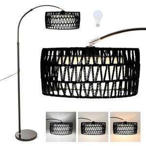 Arc Floor Lamp for Living Room, Stylish Rattan Boho Floor Lamp with 3 Color Temperature Dimmable LED Bulb, Farmhouse Tall Lamp, Arched Standing Lamp for Office Bedroom Living Room Corner (Black)