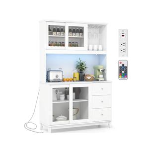 Kitchen Pantry Storage Cabinet, Buffet Hutch Cabinet with LED Lights & Power Outlet, Kitchen Sideboard w/Wine Glass Racks, Countertop, Adjustable Shelves, Drawers for Dining Room (White