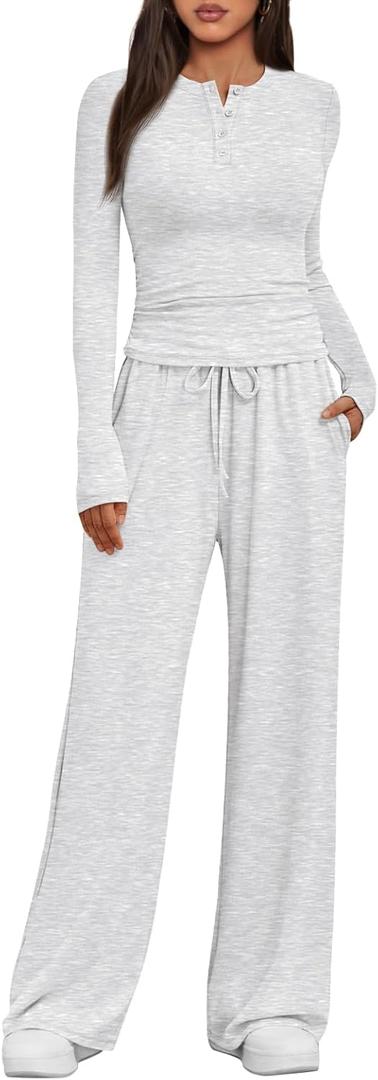 Trendy Queen Women's 2 Piece Matching Lounge Sets Fall Fashion Two Pieces Sweat Outfits Long Sleeve Wide Leg Pants Tracksuits (Medium, Light Grey)