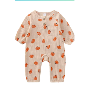 FIOMVA Newborn Baby Girl Boy Halloween Outfit Pumpkin Long Sleeve Romper Onesie Cotton Linen Jumpsuit Fall Winter Clothes, size 80
