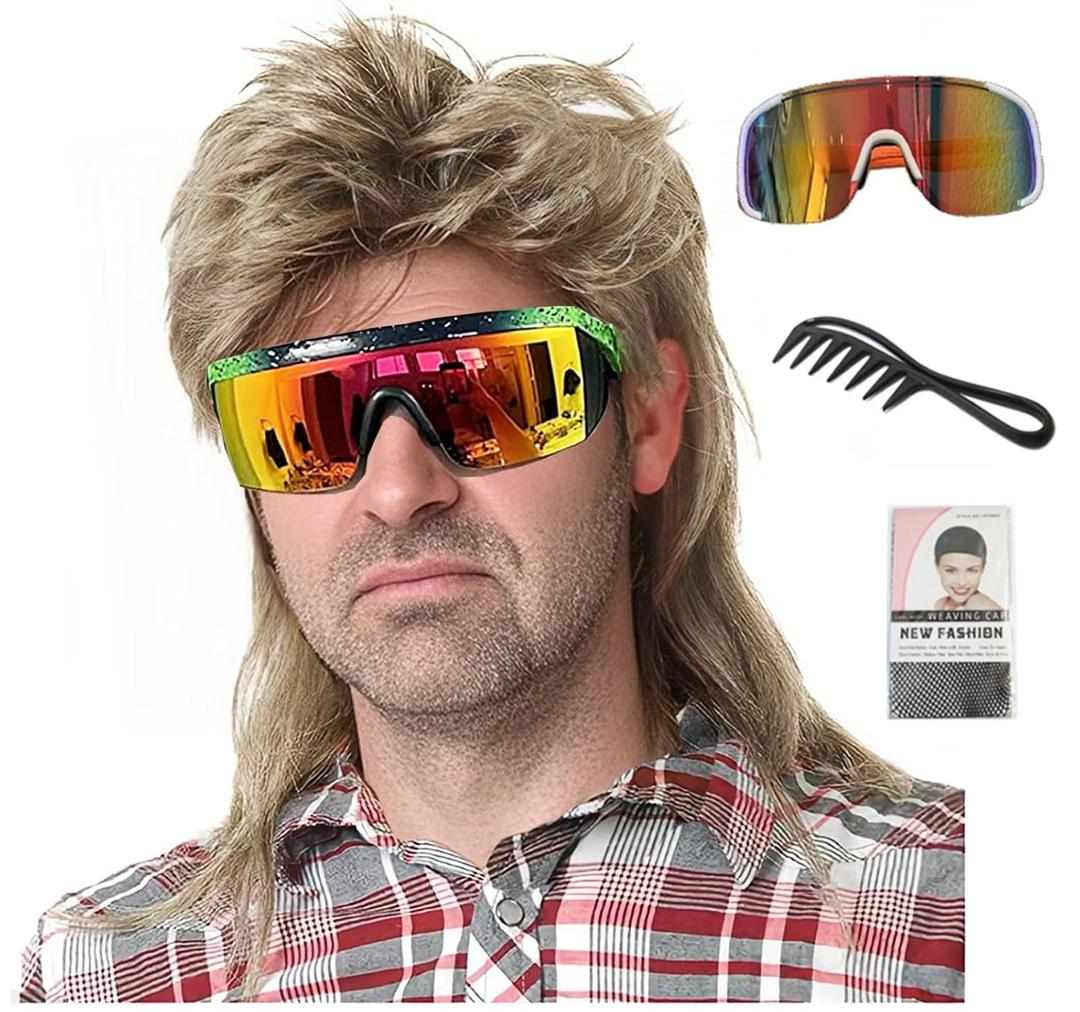 ByouByou Mens 80s Blonde Mullet Wig, Retro Synthetic Costume Wig for 80s Themed Party, Halloween, Rock Concert, One Size (Blonde)