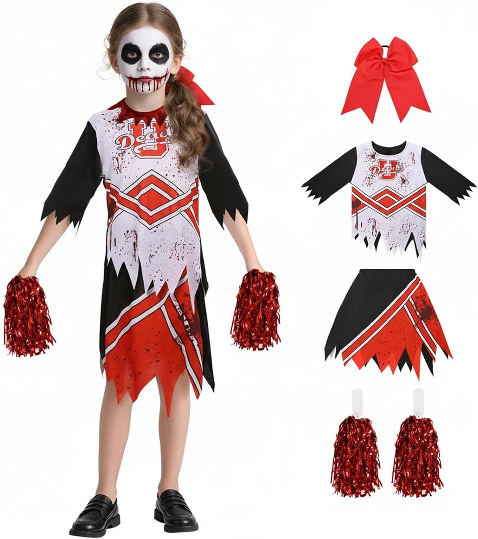 Cheerleader Costume Girls with Pompoms Red Bow Horror Scary Dresses Bloody Outfit Gift for Halloween Party Cosplay (Small)