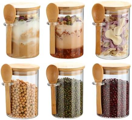 Recceng 5 Pack Glass Jars with Bamboo Lids and Spoons for Loose Leaf Tea Storage, 17 OZ Glass Overnight Oat Container with Lid and Scoop, Glass Canister Set as Tea Container for Loose Leaf Tea Holder