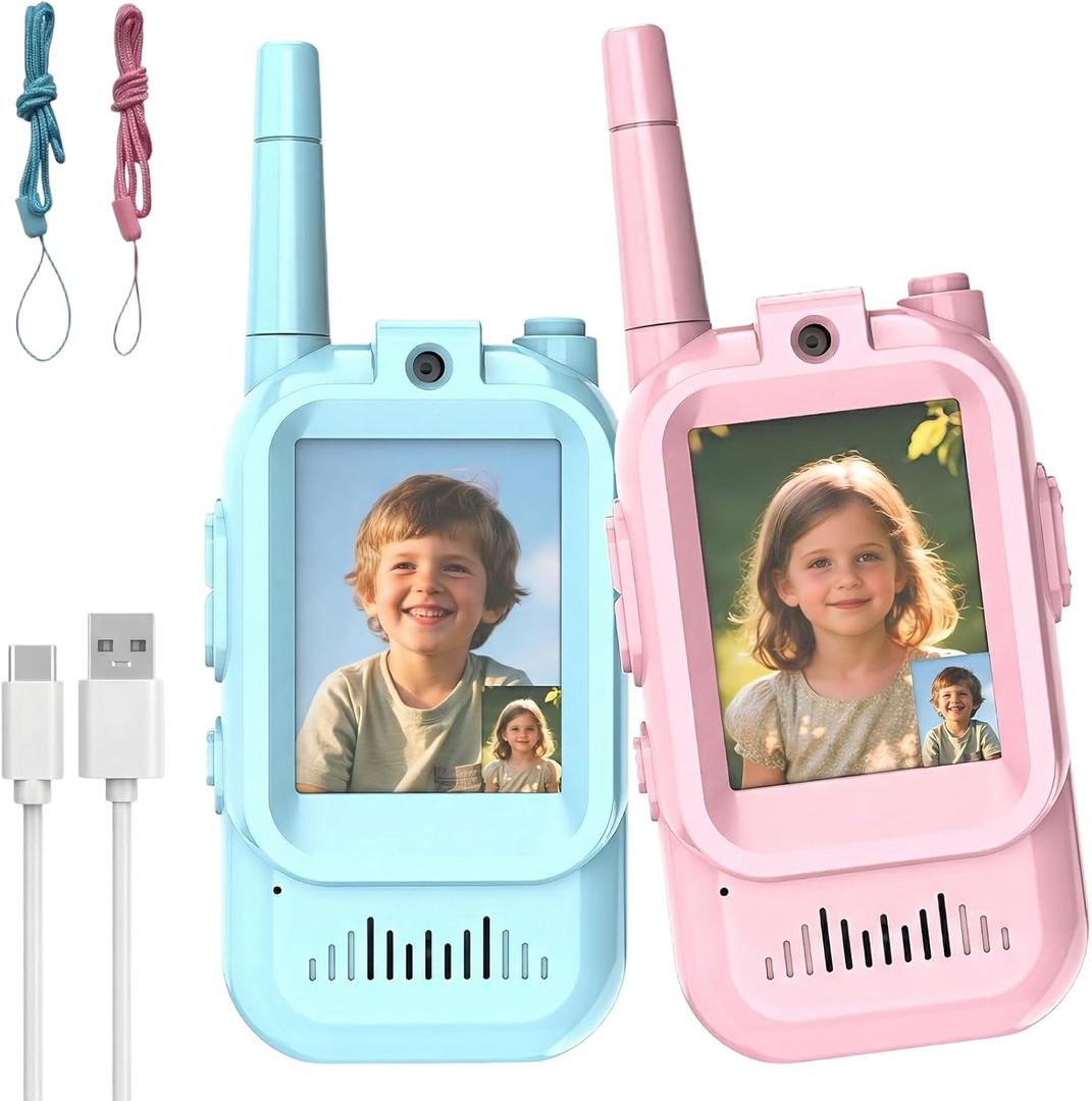 Video Walkie Talkies for Kids, 2 Pack Rechargeable Kids Walkie Talkies, Voice Changer & Real-Time Video Chat, for Boys Girls Age 3-12, Ideal for Outdoor Adventures&Family Fun (Blue+Pink)