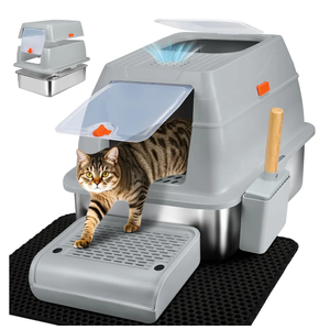 SZEE XL Stainless Steel Litter Box, Top Exit Design, Non Stick, No Smell, Easy Cleaning, Activated Charcoal Odor Control Design, Half/Fully Enclosed Design, Footboard, Trapping Mat & Scoop Included