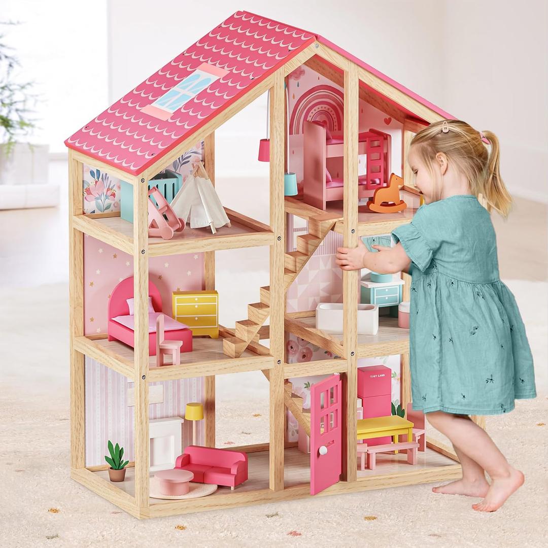 Tiny Land Wooden Dollhouse for Girls - 6 Rooms Wooden Doll House, DIY Pretend Doll House with 31Pcs Furniture Accessories, Creative Gift for Girl Ages 3+ (Pink)