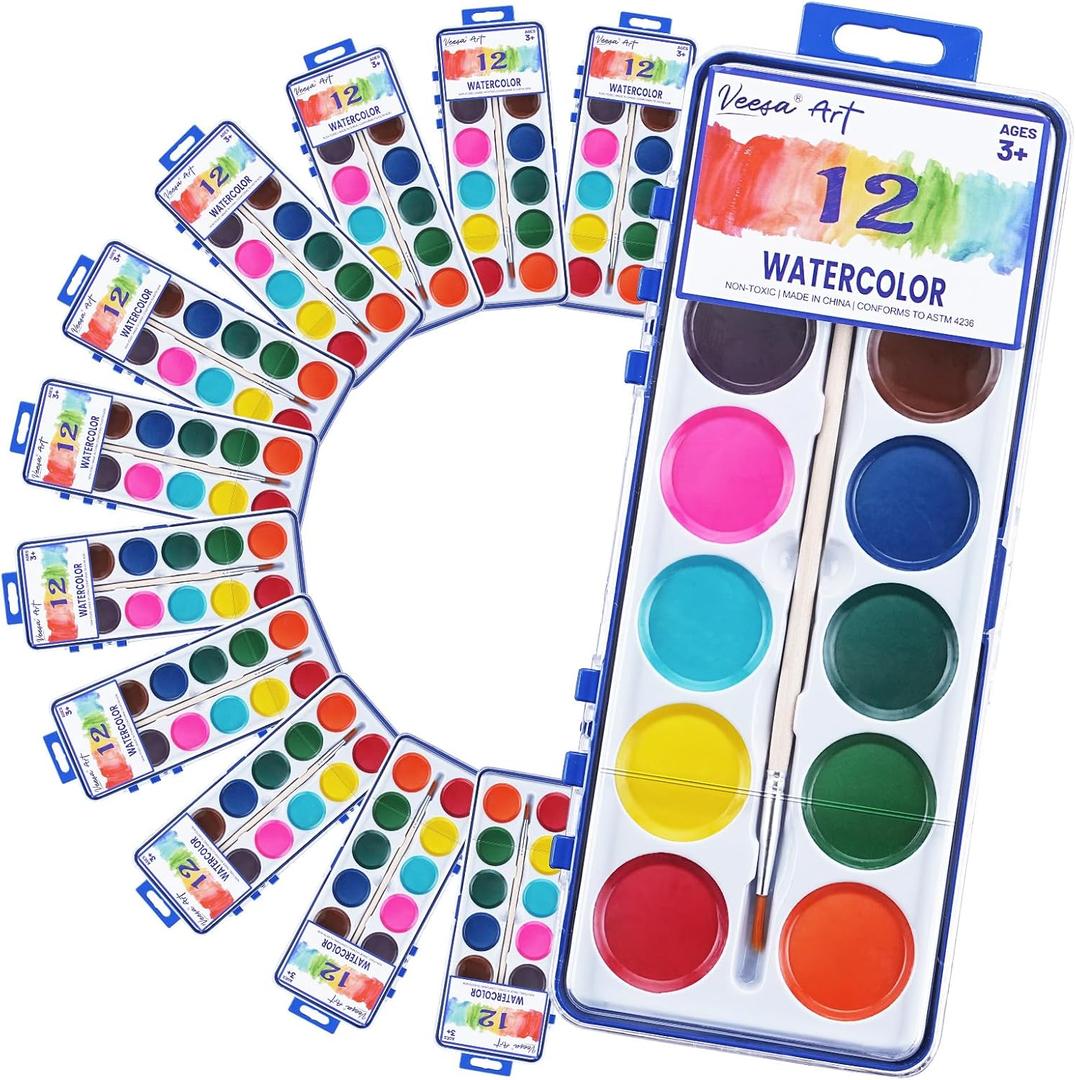 Washable Watercolor for Kids -12 Colors, Woodbrushes Included, 10 Pack Water Color Paint for Classroom, Party Favors and Art Activities, 30% More Paint
