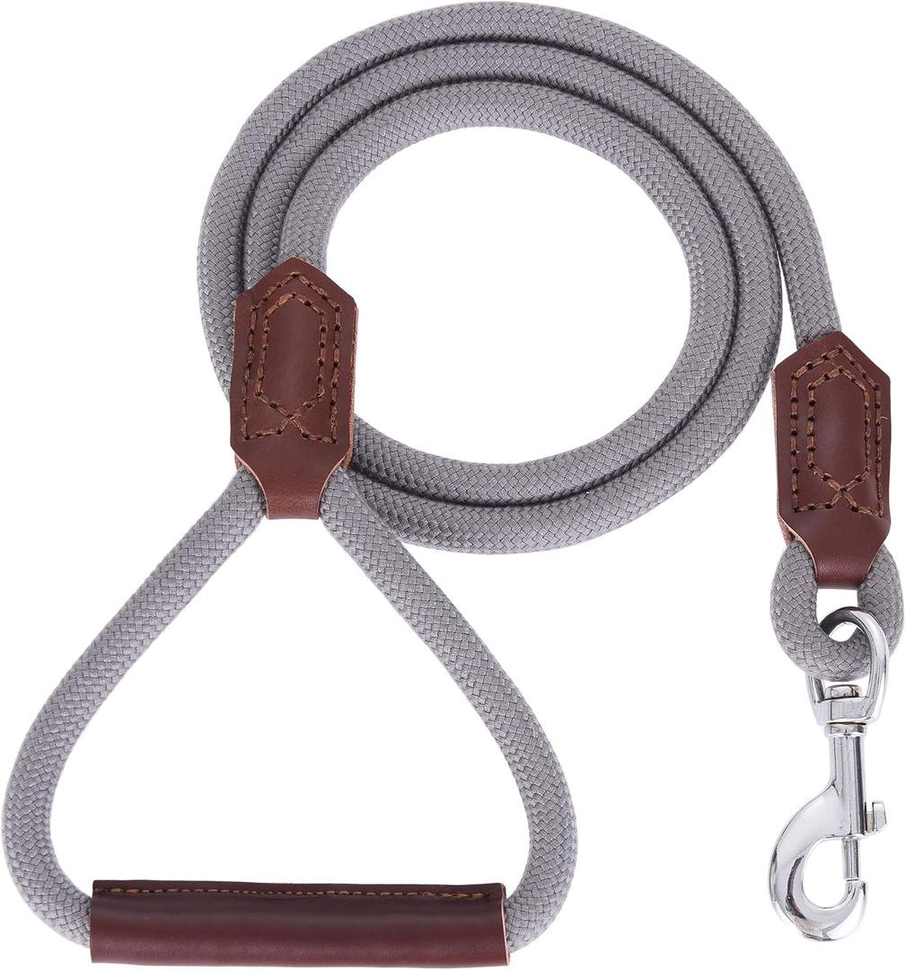 Mile High Life | Premium Leather Dog Leash | Strong Rope Leash | Leather Handle | Zinc Alloy Strong Clasp | Small Medium Large Dogs | 4/5/6 Feet(Gray, 72 Inch (Pack of 1))