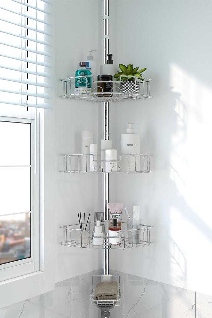 Shower Caddy Corner Tension Pole,Stainless Steel Adjustable Floor to Ceiling Corner Shower Caddy Stand for Bath Inside Shower Organizer Storage with Tension Pole,Rust-Resistant, 54 to 125 Inch (Silver)