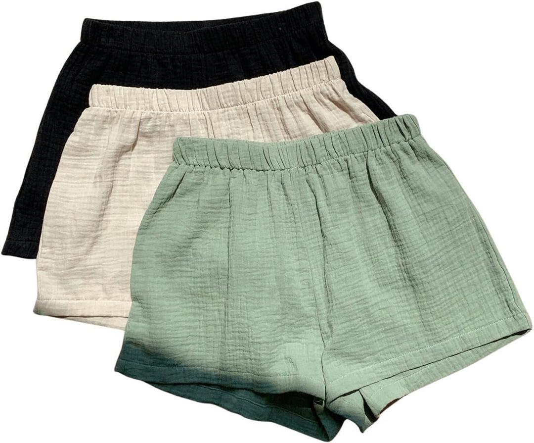 MakeMeChic Women's 3 Pack Linen Shorts Summer Lounge Sleep Pajama Boxer Shorts (Medium, Black Beige Green)