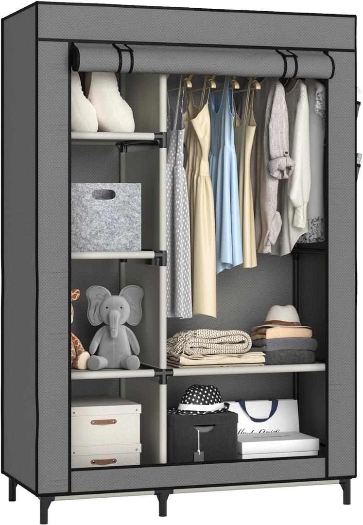 Buzowruil Portable Closet Wardrobe - 6-Shelf Storage with Hanging Rail, Non-Woven Fabric, Dust-Resistant, Easy Assembly, Space-Saving Design, Grey (43in)