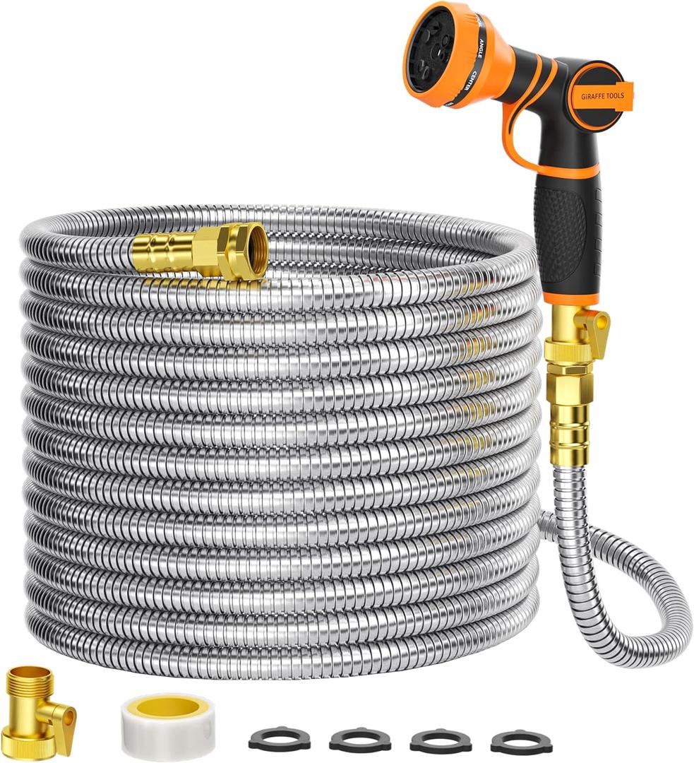 Giraffe Tools Garden Hose 100ft x 5/8", 304 Stainless Steel Metal Water Hose, No Kink Garden Water Hose with 9 Pattern Spray Nozzle, Flexible, Lightweight, Kink Free Hose for Yard, Outdoor