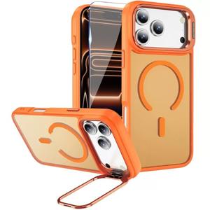 FATUOQIA for iPhone 17 Pro Max Case, Magnetic iPhone 17 ProMax Phone Case with Screen Protector [Compatible with MagSafe] Built-in Stash Stand, Translucent Matte Shockproof Cover-Cosmic Orange