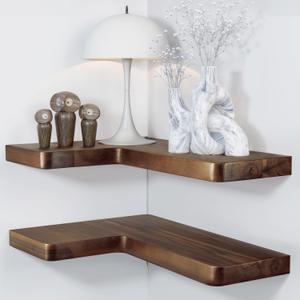 BATODA Acacia Wood Corner Floating Shelf 17 x 12- Corner Shelf Wall Mounted - Floating Book Shelves for Wall - Corner Shelf for Home, Kitchen - with Brackets and Hardware (Walnut Color, 17" x 12")