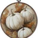 Giosve Vintage Rustic Fall White Pumpkin Round Wall Art Canvas Framed Poster, Farmhouse Autumn Pumpkin Maple Leaf Hanging Wall Sculptures for Kitchen Home Bedroom Living Room Decor, 10x10 Inch