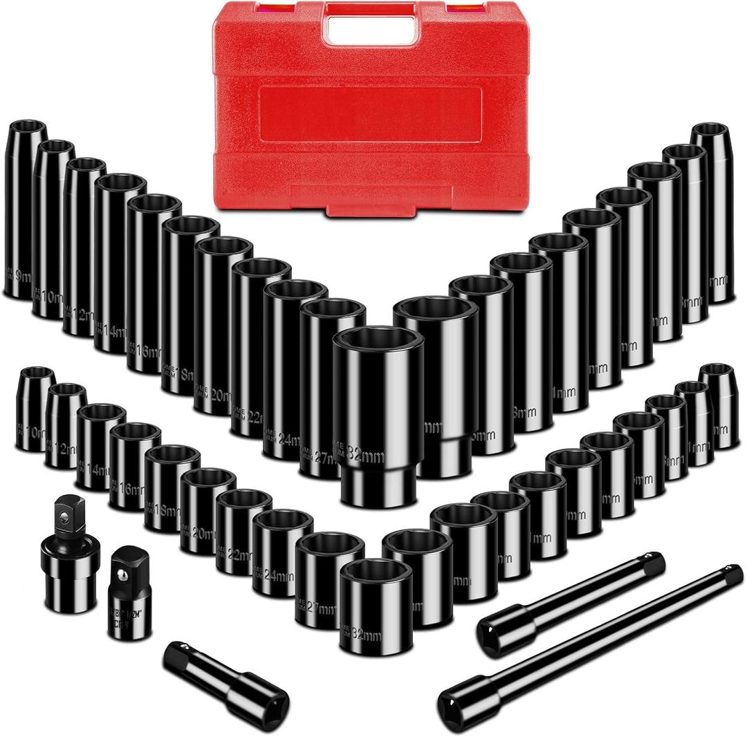 45-Piece 1/2" Drive Metric Impact Socket Set, Deep & Shallow Socket Set 9mm-32mm, 6 Point, Cr-V Steel, Electrophoretic Deposition, Includes 3" 5" 10" Extension Bars, Universal Joint, Adapter