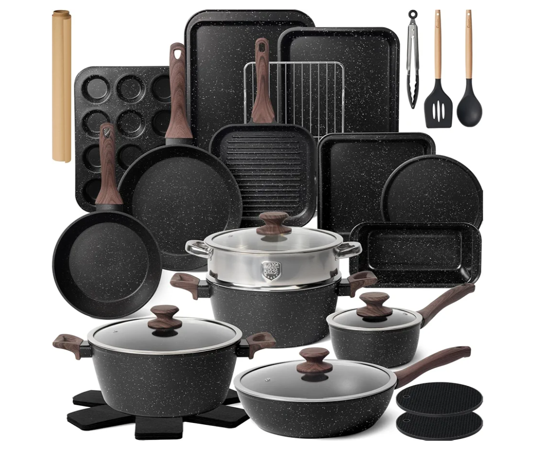 Kikcoin Pots and Pans Set Non Stick 31 Piece Kitchen Nonstick Cooking Cookware Sets with Grill Pan Saucepan Baking Sheet Utensil
