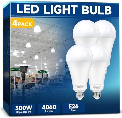 300W Equivalent LED Light Bulb, Super Bright 4060 Lumen 5000k Cool Daylight White A23 E26 Medium Base 33 Watt LED Bulb for Garage Warehouse Workshop Backyard Patio Street Supermarket, 4-Pack