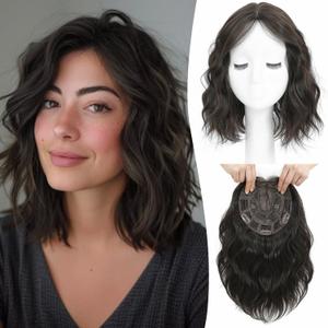 Ms Taj 11 Inch Short Wavy Hair Topper for Women with Thinning Hair, Natural Synthetic Lightweight & Breathable Hairpiece for Women with 6.5"x6.5" Base, Instantly Adds Volume and CoverageDark Brown