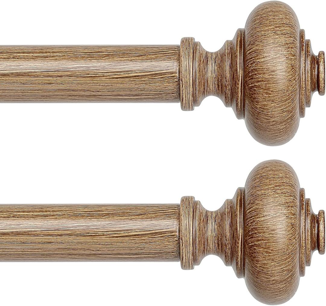 2 Pack Wood Curtain Rods for Windows 48 to 84 Inch, Boho Vintage Decorative 1 Inch Diameter Wooden Curtain Rod, Adjustable Heavy Duty Rustic Farmhouse Drapery Pole with Wood Grain Finials