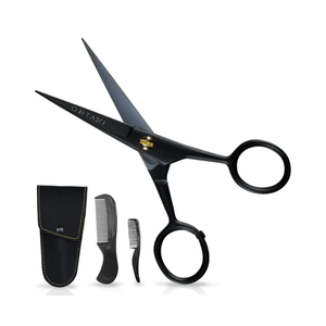 Ontaki 5" Professional German Beard & Mustache Scissors with 2 Comb & Carrying Pouch for Men - Bevel Edge for Precision - Facial Hair Grooming Kit All Body Hair - Black - Beard Trimming Scissors