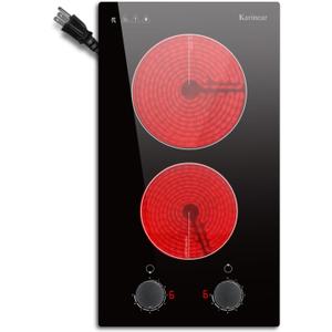 Karinear 110V Electric Cooktop 2 Burners Electric Stove 12 Inch Knob Control Countertop & Built-in Ceramic Cooktop, 9 Heating Level, Hot Warning, Over-Temperature Protection(Black Knob)