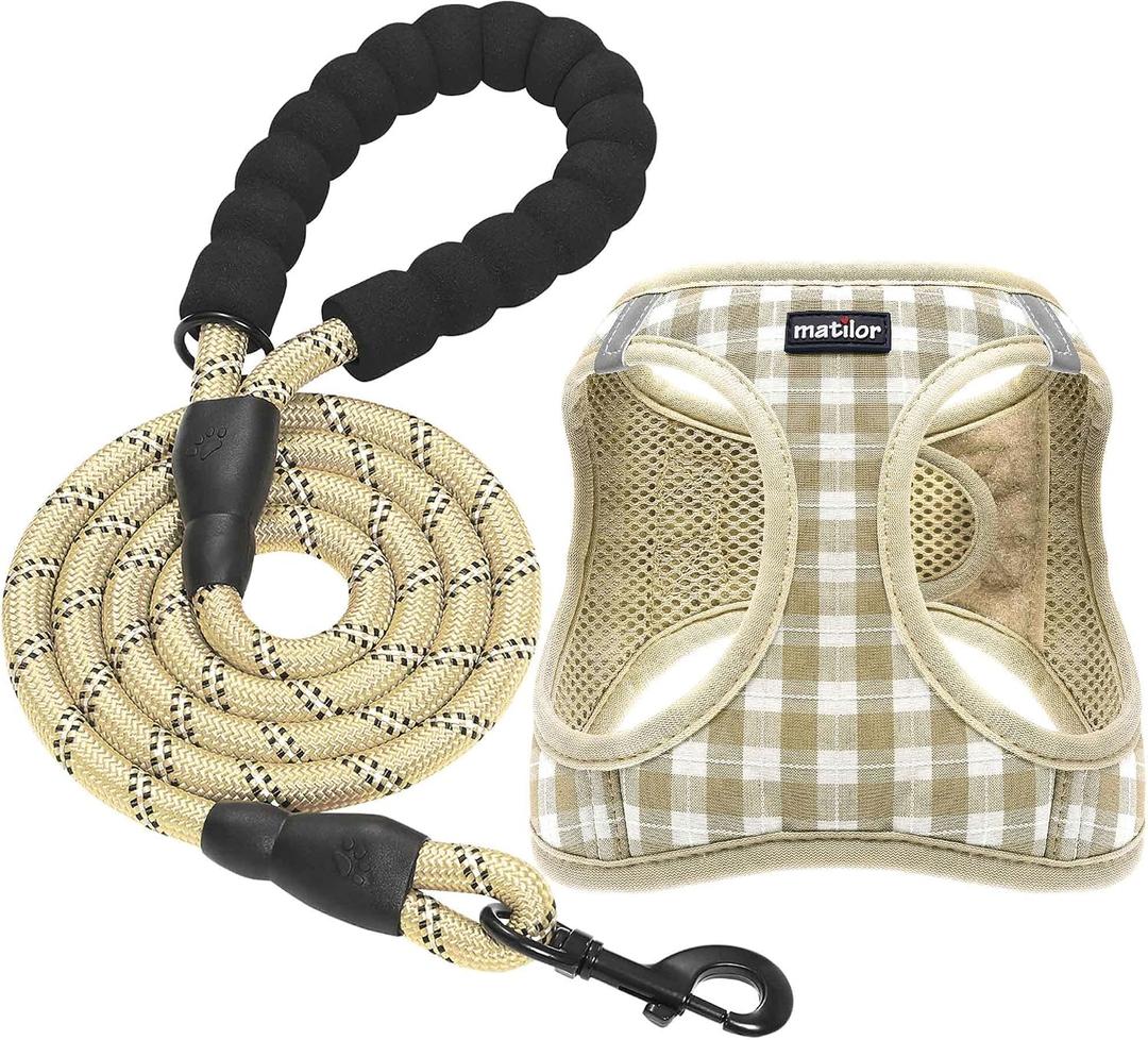 Dog Harness Step-in Breathable Puppy Cat Dog Vest Harnesses, Beige Checkered, Medium (Chest 13.5''-16.5'', Weight 10-15 lb)