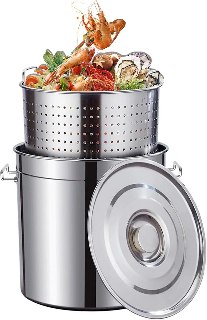40-Quart Stainless Steel Seafood Boil Pot with Lid,Crab, Lobster, Shrimp Boil Stock Pot with Strainer, Turkey Fryer Pot, Stock Pot Boiler Deep,Fried Cooker for Commercial Outdoors (Silver)