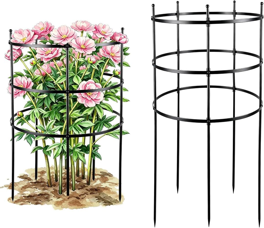 2 Set Titan Peony Plant Support Stakes Black Metal Peonies Cages 17.7" D x 35.4" H Tomato Cages Rings Sturdy Garden Plants Support Trellis for Climbing Plants