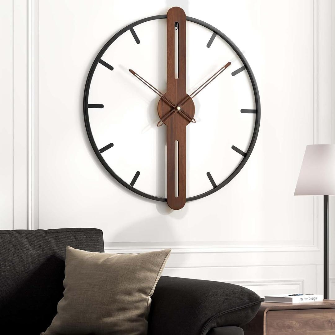24 Inch Large Wall Clock for Living Room, Modern Silent Non Ticking Battery Operated Big Clock, Rustic Minimalist Wood Metal Frame Decorative Wall Clocks for Office, Bedroom, Kitchen