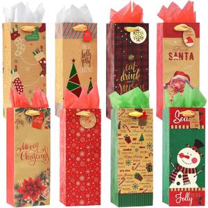 Nihuecne 16 Pack Christmas Wine Bags with Tags & Tissue Paper for Xmas Holiday Gift Wrap,8 Designs (5 x 13 x 4 In)